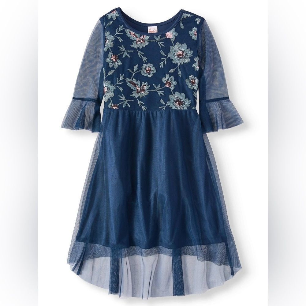 Navy blue lace floral mesh embroidered formal girls dress long sleeve L 10-12